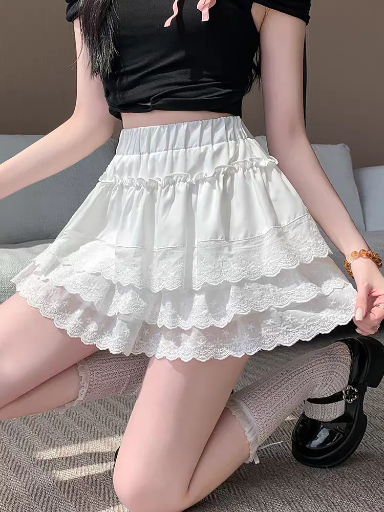 

Юбка Y2K с кружевом, весна-лето 2026, новинка, с высокой талией, многоярусная, с оборками, А-силуэт, расклешенная мини-юбка со встроенными шортами