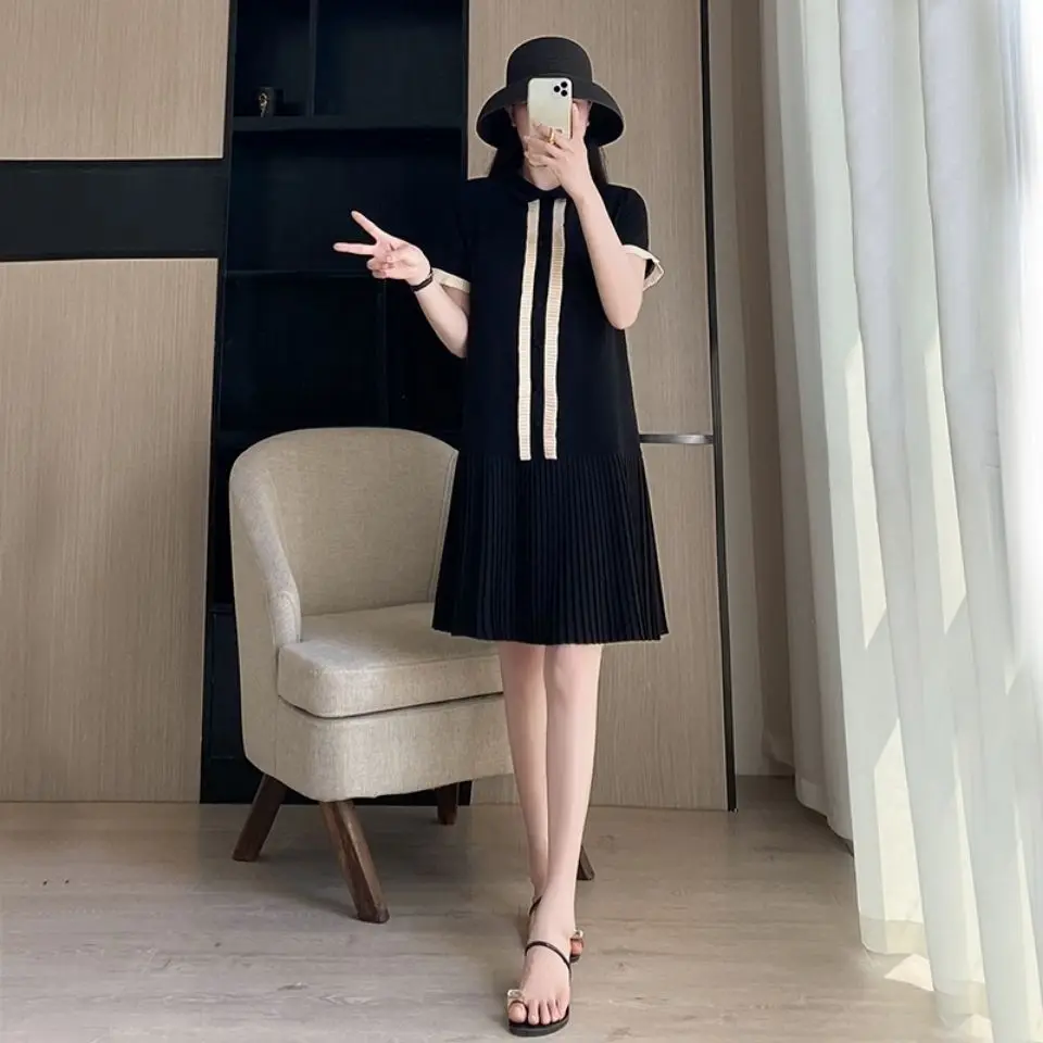 Black Dress Women\'s Summer 2023 New Fashion Loose Collar Short Sleeve Straight Tube Dress Ruffled Mid Length Dress