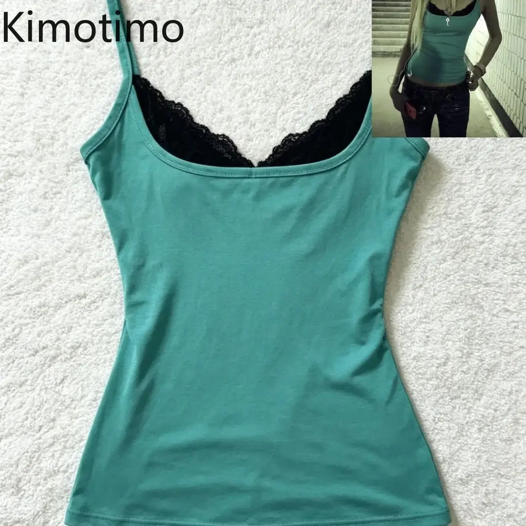 Kimotimo Spicy Girl Lace Patchwork Fake Two Piece Tanks Summer New Sleeveless Slim Fit Crop Top Y2k Aesthetic Sexy Camisole Vest