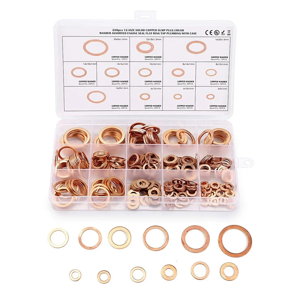 

12 sizes 280 pcs/box Copper Gasket Assembly Cable Engine Sealing Ring Commercial Industrial Laundry Repair Tool Accessories