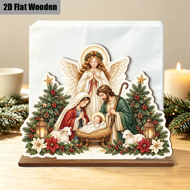 Wooden 2D Flat Christmas Napkin Holder Nativity Scene Design with Angel Holy Family Two Lambs 1pc/2pcs/3pcs Set for Farmhouse De