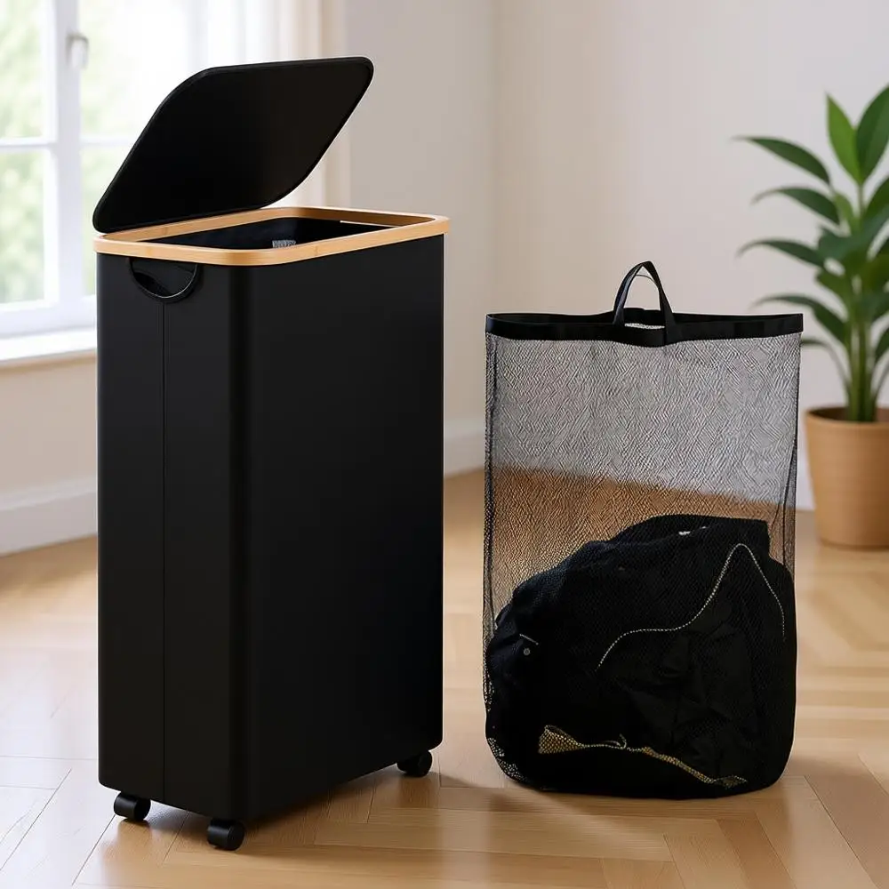 

Большая корзина для белья на колесиках объемом 75 л с крышкой и внутренним мешком для спальни или общежития, черная