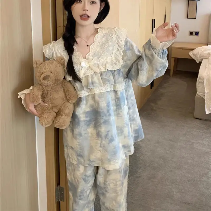 

pajamas Women's new model spring autumn sweet halation long sleeves lace casual suit homewear outerwear Comfortable Sleepwear