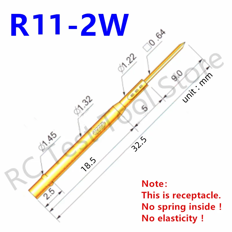 100PCS R11-2W Test Pin P11-B1 Receptacle Brass Tube Needle Sleeve Seat Wire-wrap Probe Sleeve Length 32.5mm Outer Dia 1.32mm