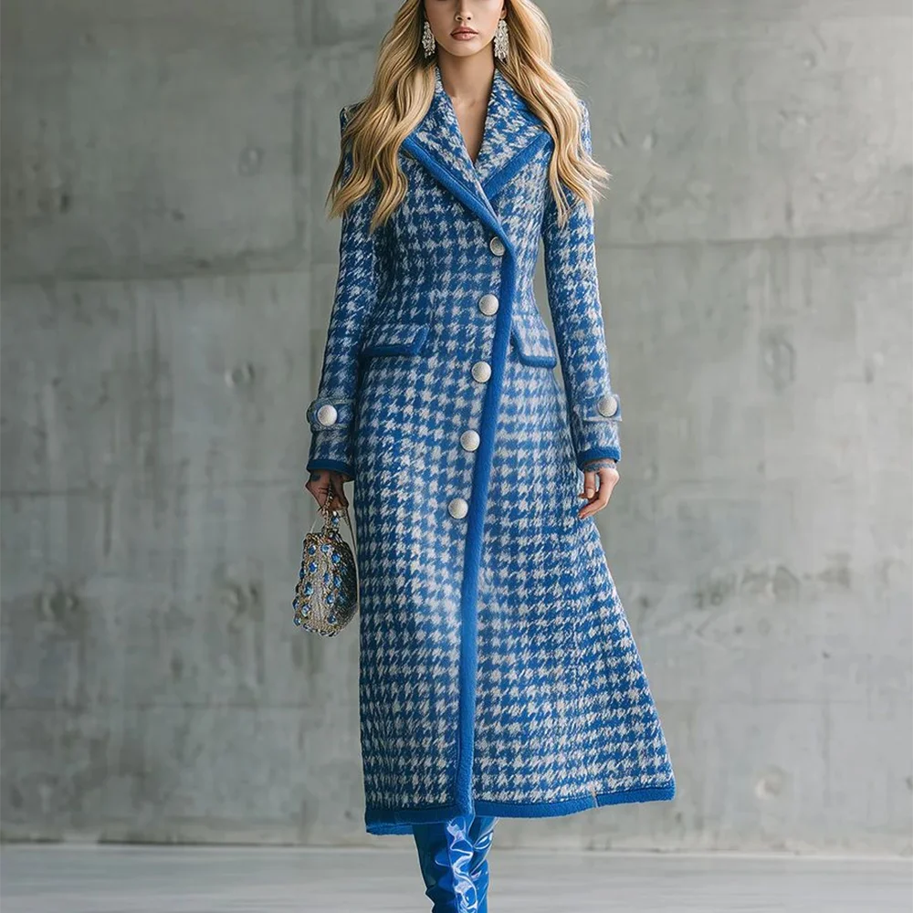 

Luxury Blue Houndstooth 2026 Women Suit Jacket New Fashion Single Breasted Long Coat High Quality Elegant Lady Blazer One Piece
