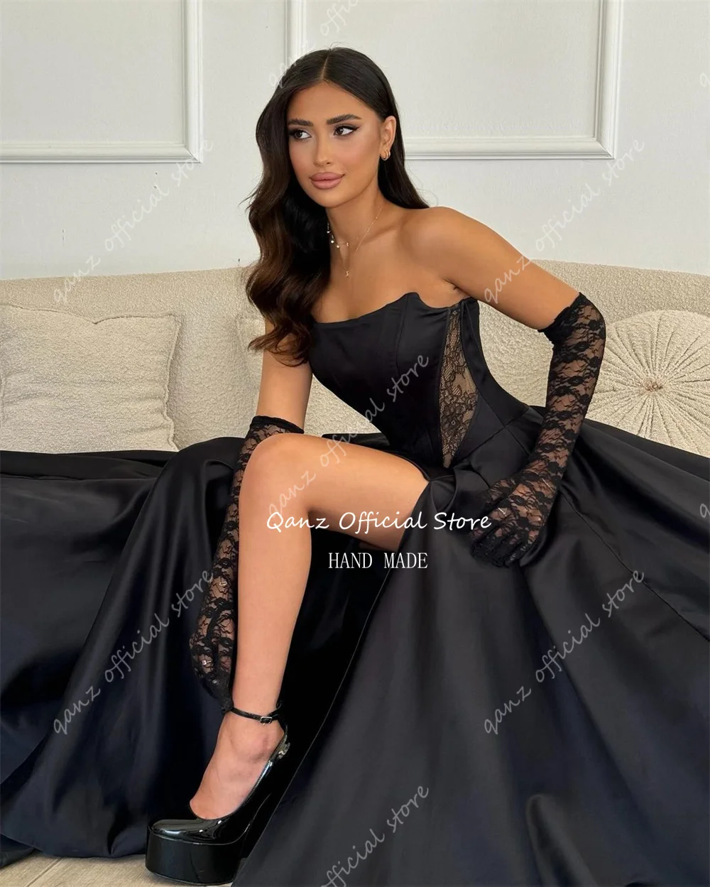 Qanz Elegant Black Satin Evening Dresses High Slit Strpless Lace Up Back Vestido De Festa Long Women Party Gowns Customized