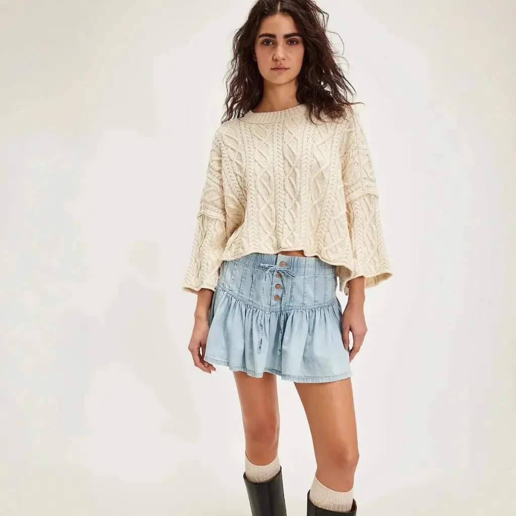 

High Waist A-Line Casual Joker Retro Denim Pleated Skirt for Women Spring New Style from Europe And the United States