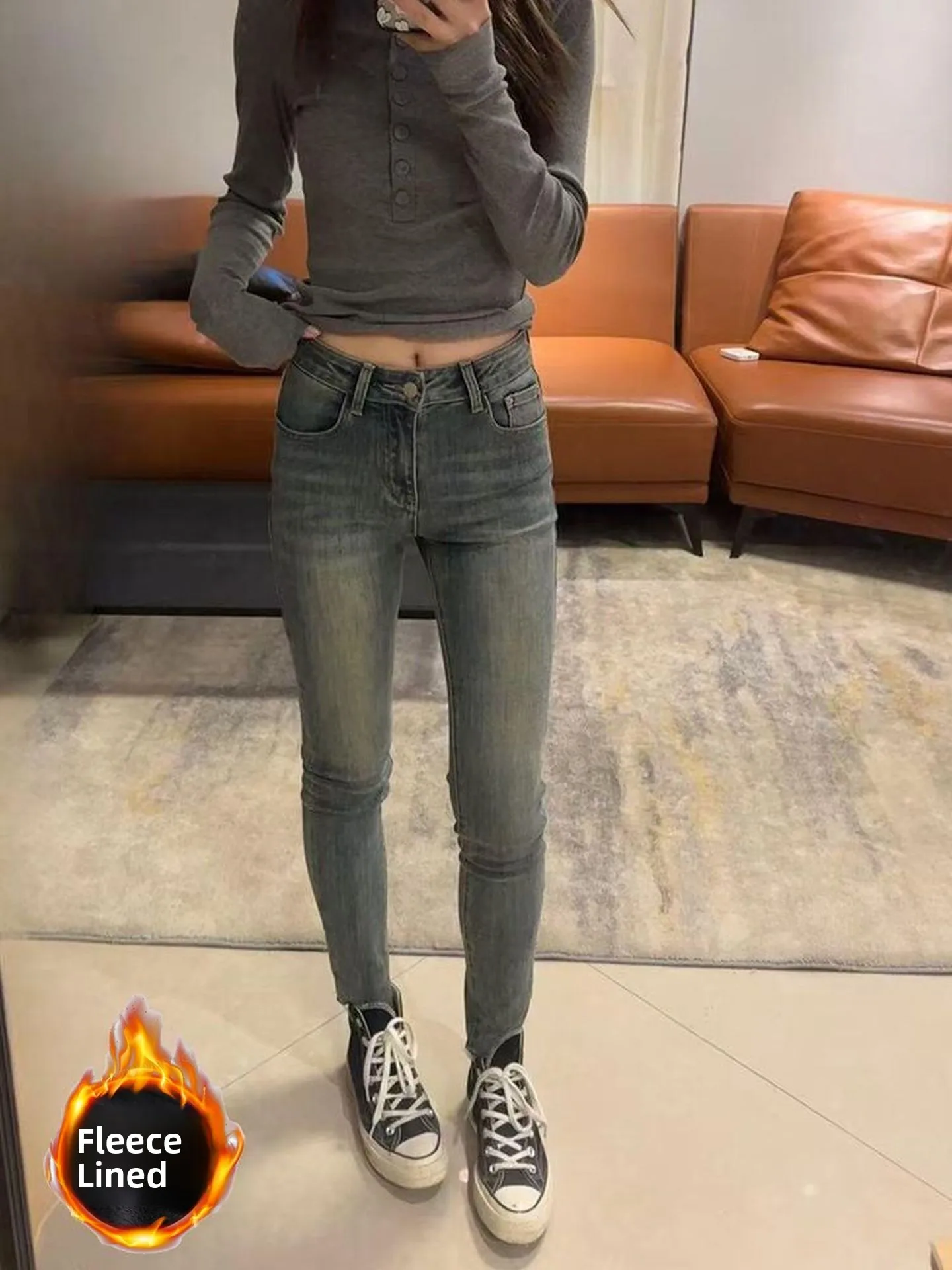 

Женские узкие джинсы с высокой талией Thiened Fce на подкладке, осень-зима, новые классические синие повседневные брюки чистого цвета