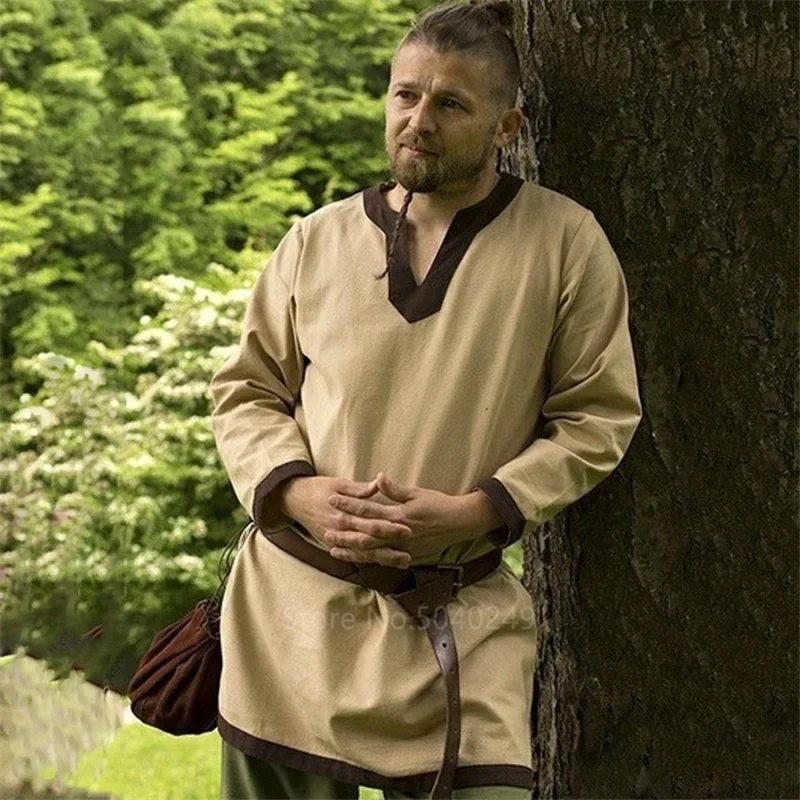 베어 하우스 중세 리넨 Larp 바이킹 해적 할로윈 코스프레 의상 남성용 카니발 파티 전사 셔츠 나이트 2025 PPT01..