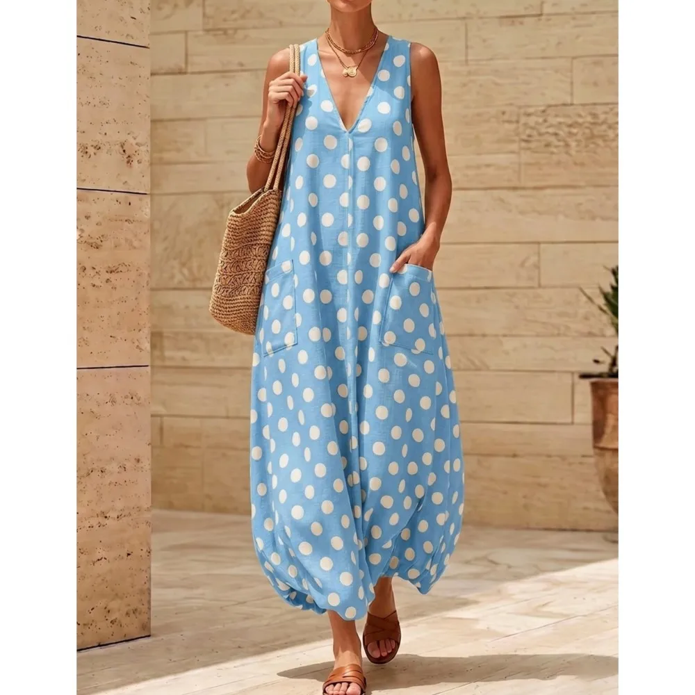 Summer New Casual Retro Polka Dot V-neck Loose Women's Dress 2026 Holiday Female Fashion Double Pocket Sleeveless Bud Hem Skirt