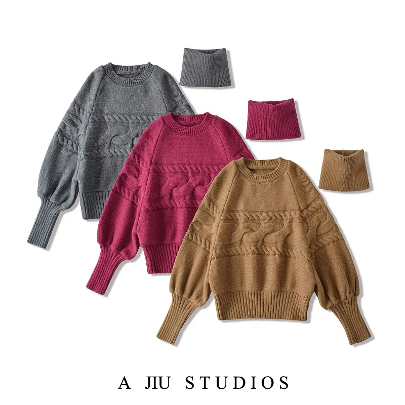 Luźny sweter z golfem damski jesienno-zimowy dwuczęściowy zestaw z odpinanym szalikiem Sensation ey dzianinowy top