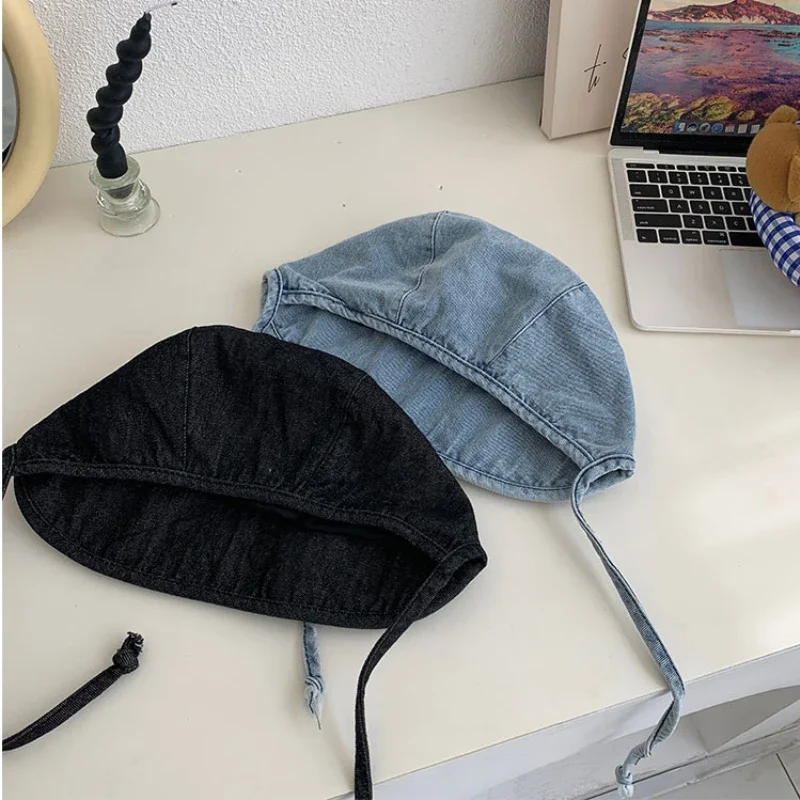 2023New Japanese and Korean Retro Denim Bucket Hat Women\'s Fashion Tie Four Seasons Washed Denim Basin Hat Short Brim Sun Hat