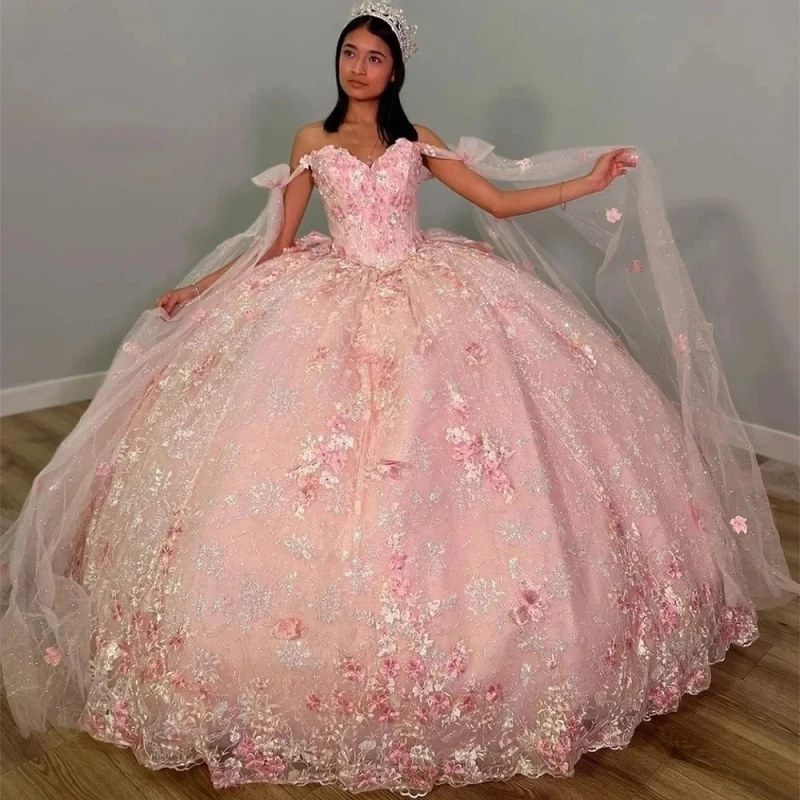 

Pink Crystal Sequined Appliques Lace Ball Gown Quinceanera Dresses Off The Shoulder Bow Ribbons Corset Vestidos De 15 Años