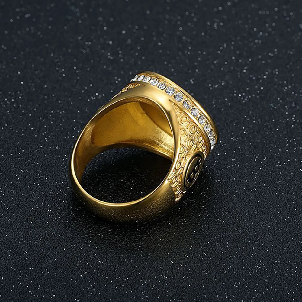 Vintage Stainless Steel Cryptocurrency Bitcoin Ring for Men Women Gold Color Hip Hop Bling Iced Out Round Rings Fashion Jewelry