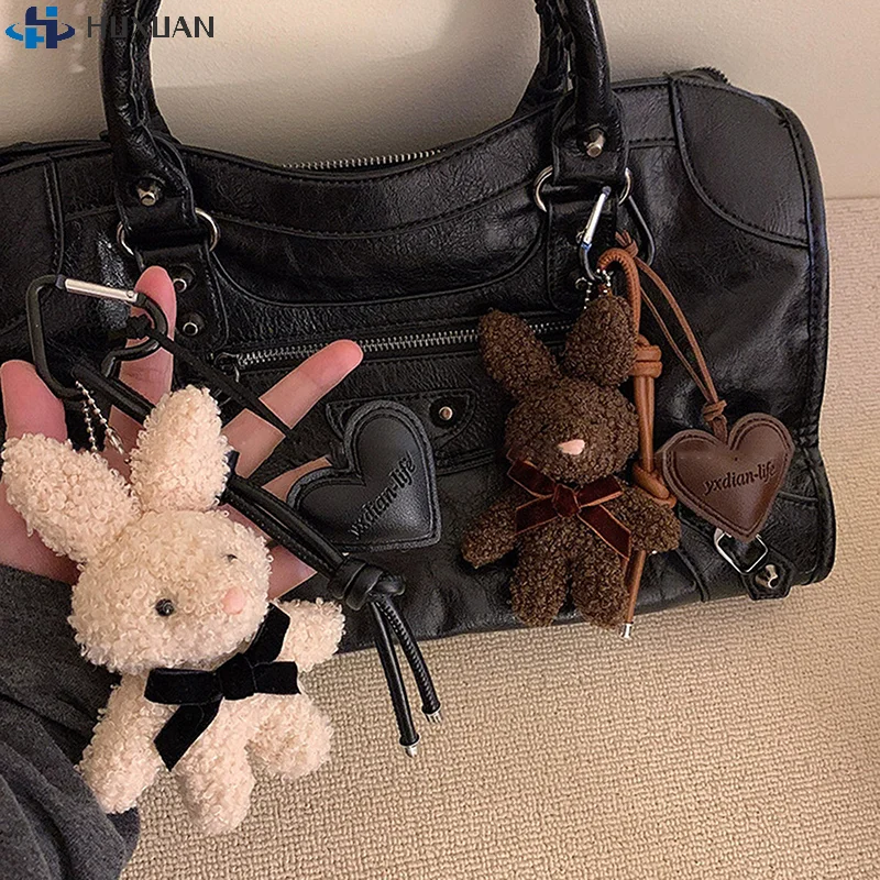 Y2K Cute Rabbit Bear Stuffed Keyring Sweet Backpack Pendant Kawaii Puppy Plush Keychain Bag Hanging Decoration For Girls Gift