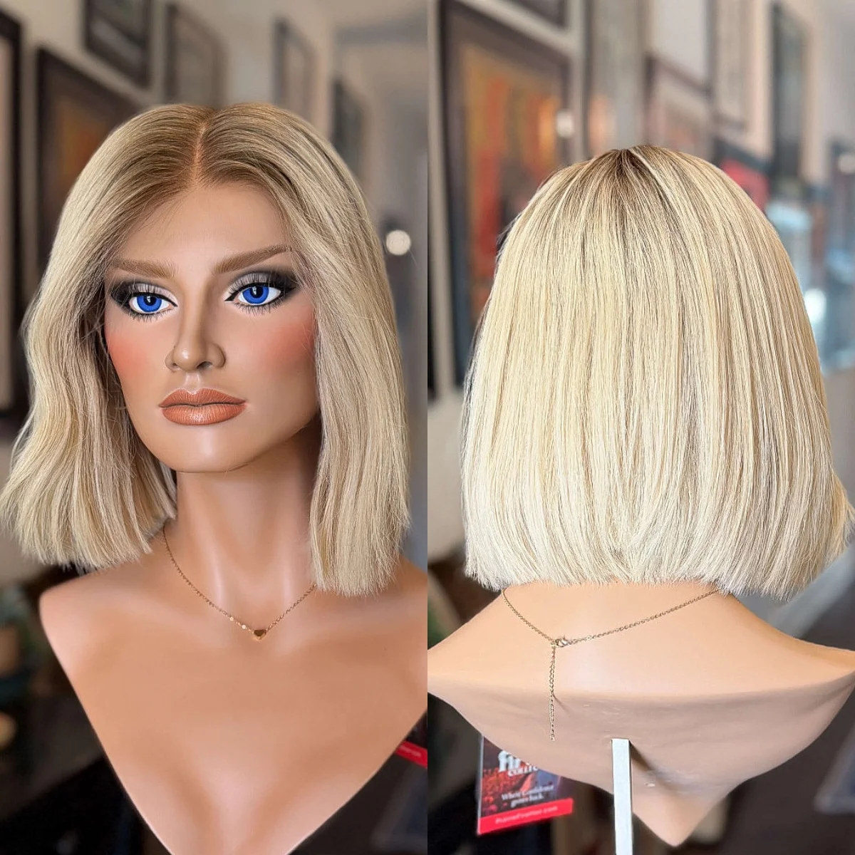 

12-дюймовый стрижка Боб Ombre Светло-русый синтетический парик Высокотемпературное волокно Кружева спереди Короткие прямые блики Косплей Парик для женщин