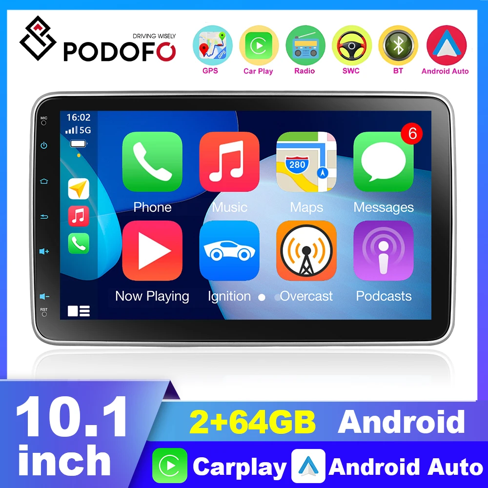 Podofo 10.1'' Adjustable Screen Car Multimedia Player Wireless Carplay Auto Video Player Mirror Link FM Radio