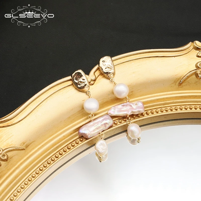 GLSEEVO Original Jewelry Earring Vintage Baroque Pearl Pendant Earrings Purple Real Pearl Earring for Prom Women Party Jewelry