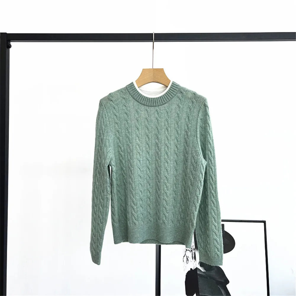 

25 Autumn/Winter New Women's Round Neck Color blocked Twisted Flower Loose Cashmere Knitted Casual Pullover