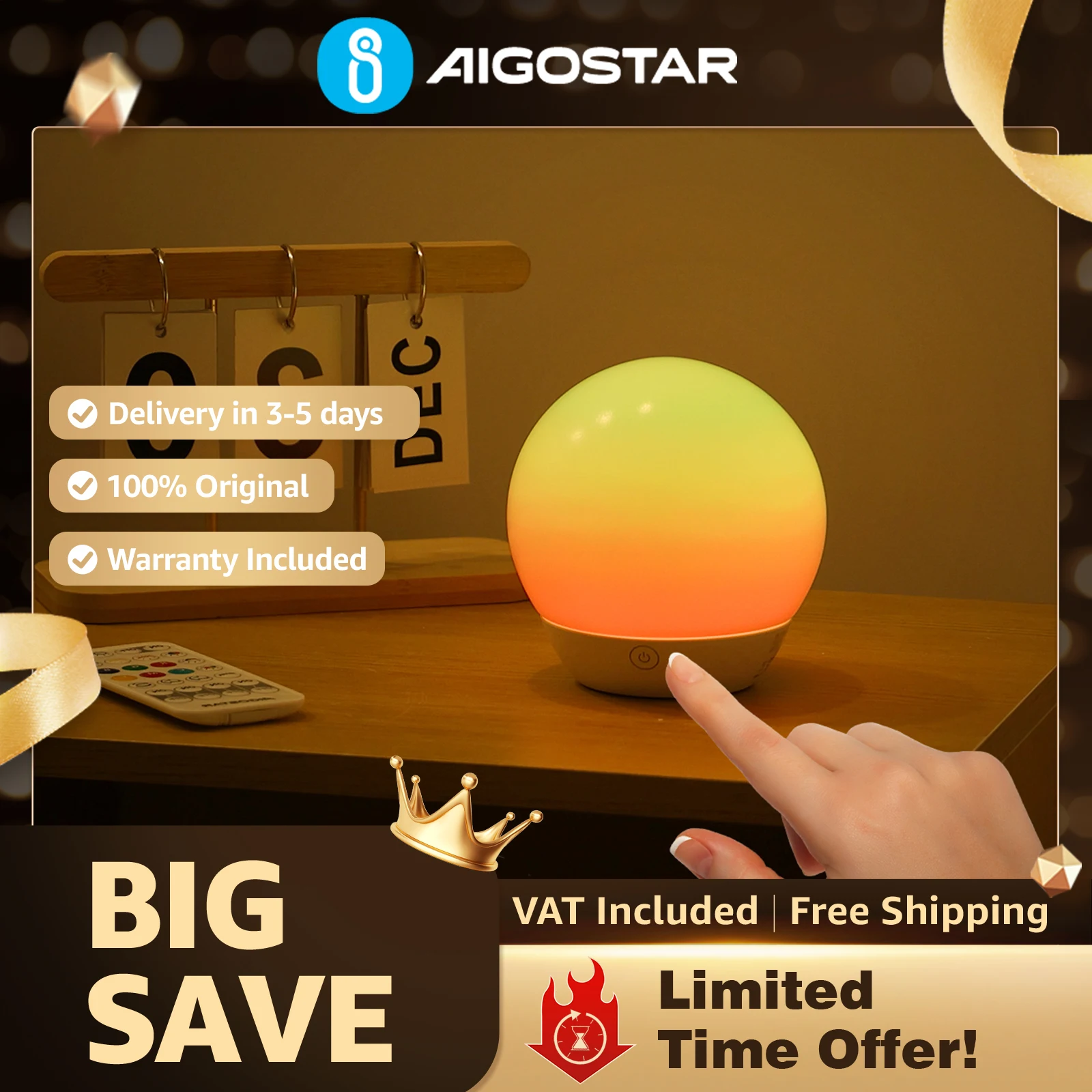 Aigostar Lámpara Mesa Inteligente Bluetooth Mesh | RGB+CCT Táctil Regulable | Compatible Alexa, Dormitorio