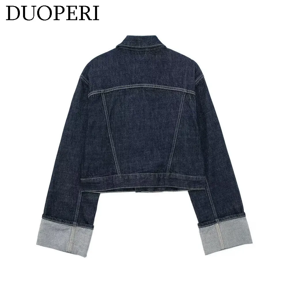 DUOPERI Women Fashion Denim Blue Single Breasted Jacket Lapel Neck Long Sleeves With Pockets Female Chic Lady Casual Outwear