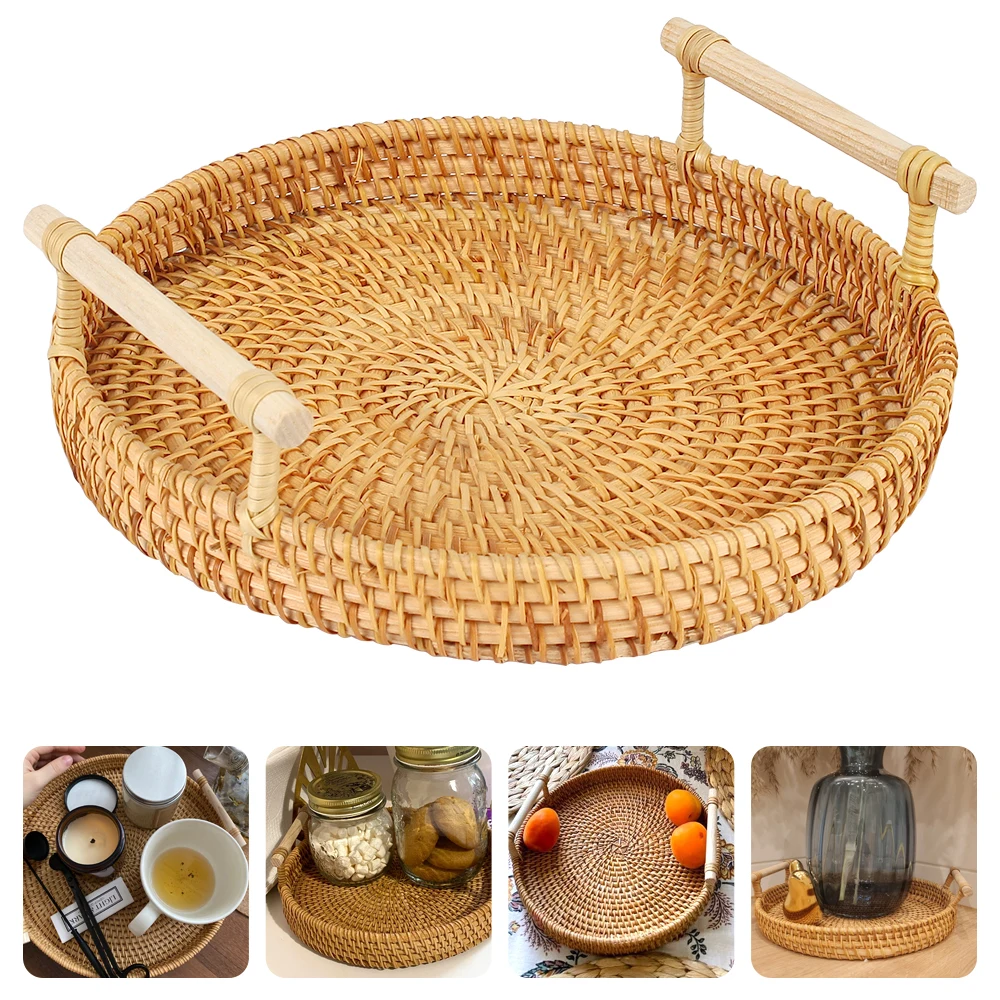 Dinner Serving Tray Fruit Cake Wicker Basket Breakfast Bread Food Plate Handwoven Rattan Storage Tray With Handle