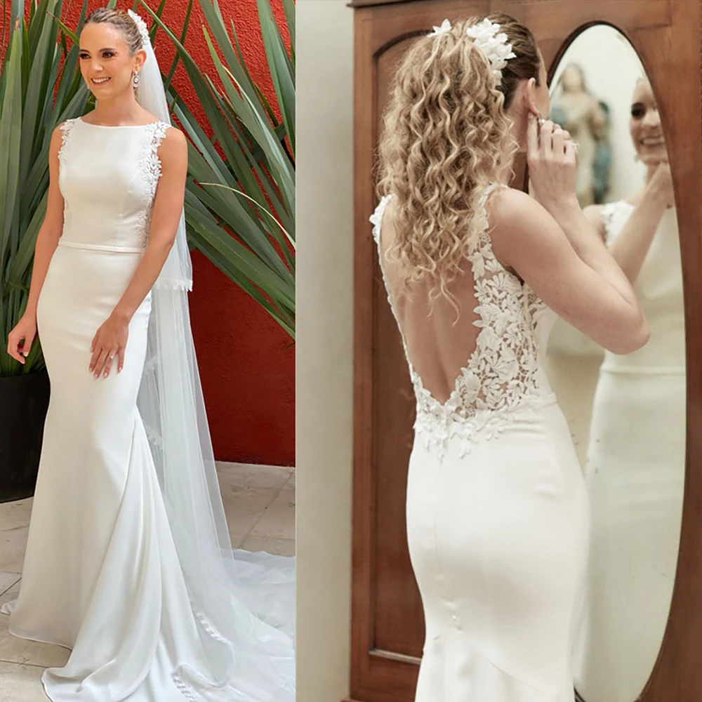 Floral appliqued barco pescoço aberto volta vestido de casamento personalizado elegante cetim bainha meramaid sem costas rústico chique vestidos de noiva