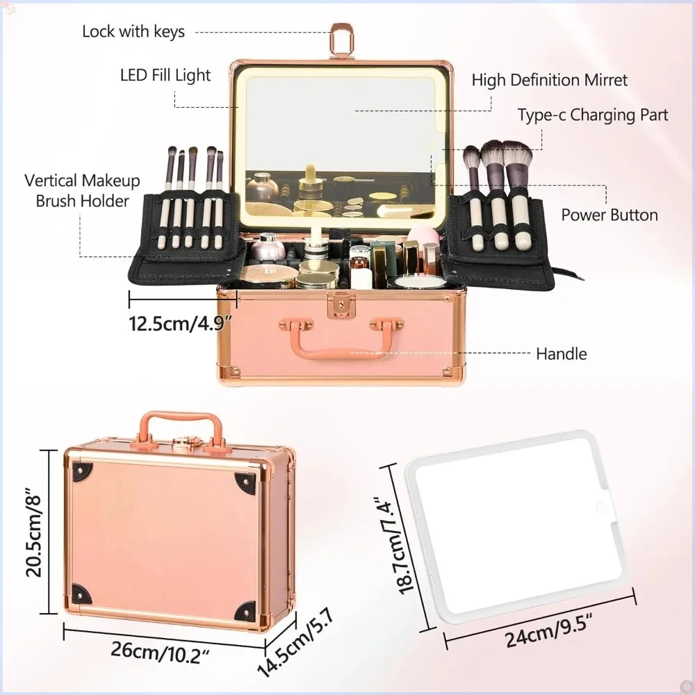 

Rose gold makeup case with lighted mirror, detachable LED mirror, travel makeup case, upright makeup brush holder, gift.
