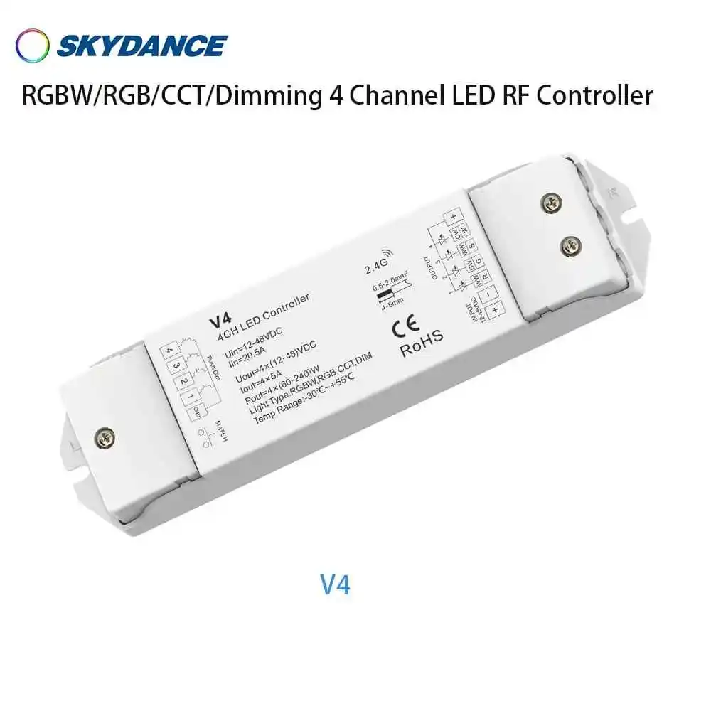 Skydance V4 12-48V DC RGBW/RGB/CCT/Dimming 4-Channel CV LED RF 2.4G Controller 4096 Levels 0-100% Dimming Smoothly Without Flash