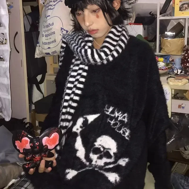 Loose Harajuku Gothic Skulls Sweater Grunge Aesthetics Knitted Jumper V-neck Harajuku Loose Mohair Pullover Emo Alt Knitwear Y2k