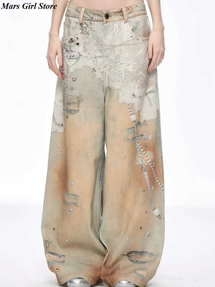 

Винтажные широкие джинсы, уличная одежда, джинсовые брюки, женские Y2K Tie Dye, Harajuku, японские мешковатые джинсы в стиле гранж, свободные брюки унисекс, новые