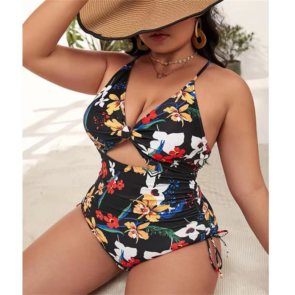 New 2024 plus-size fashion women's beach pool resort beach print gathering hollow-out sexy bikini women's one-piece swimsuit