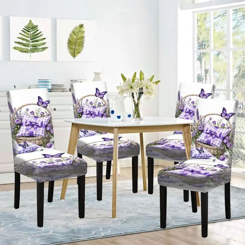 

Чехол для обеденного стула с плоским принтом, фиолетовый цветочный узор, многоразовый, моющийся, чехол для домашнего обеденного стула.