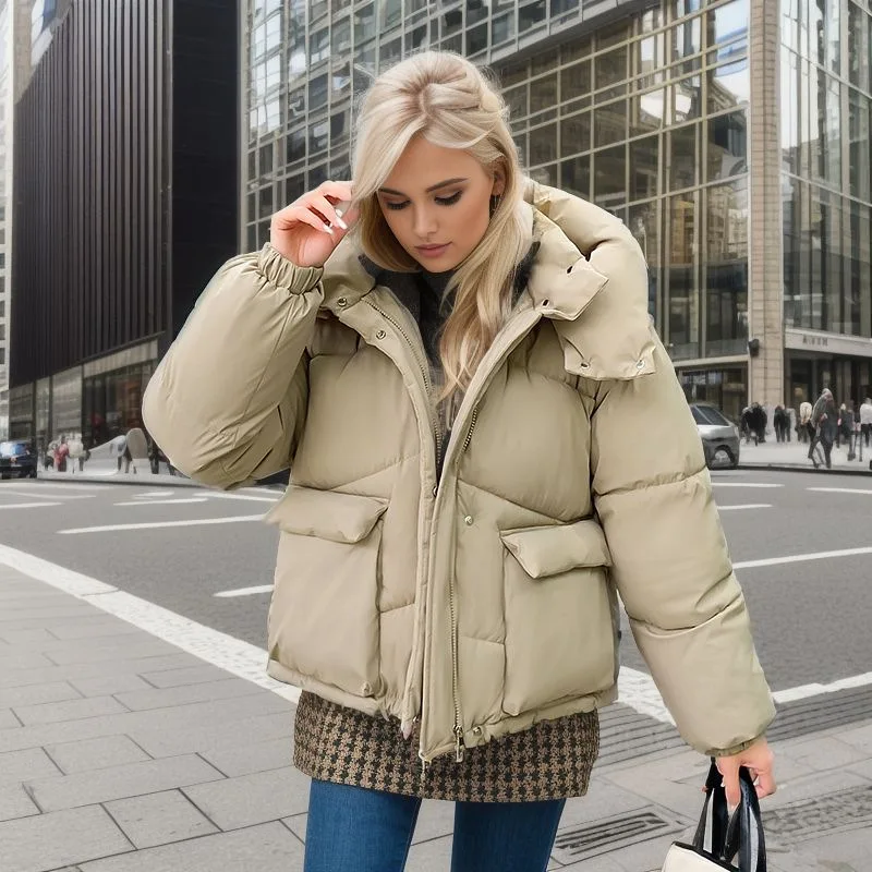 2024 YJKDYK Winter Women\'s Short Cotton Jacket Female Large 2 Pocket Hooded Thicken Warm Coats Women\'s Pure Color Parkas Tops