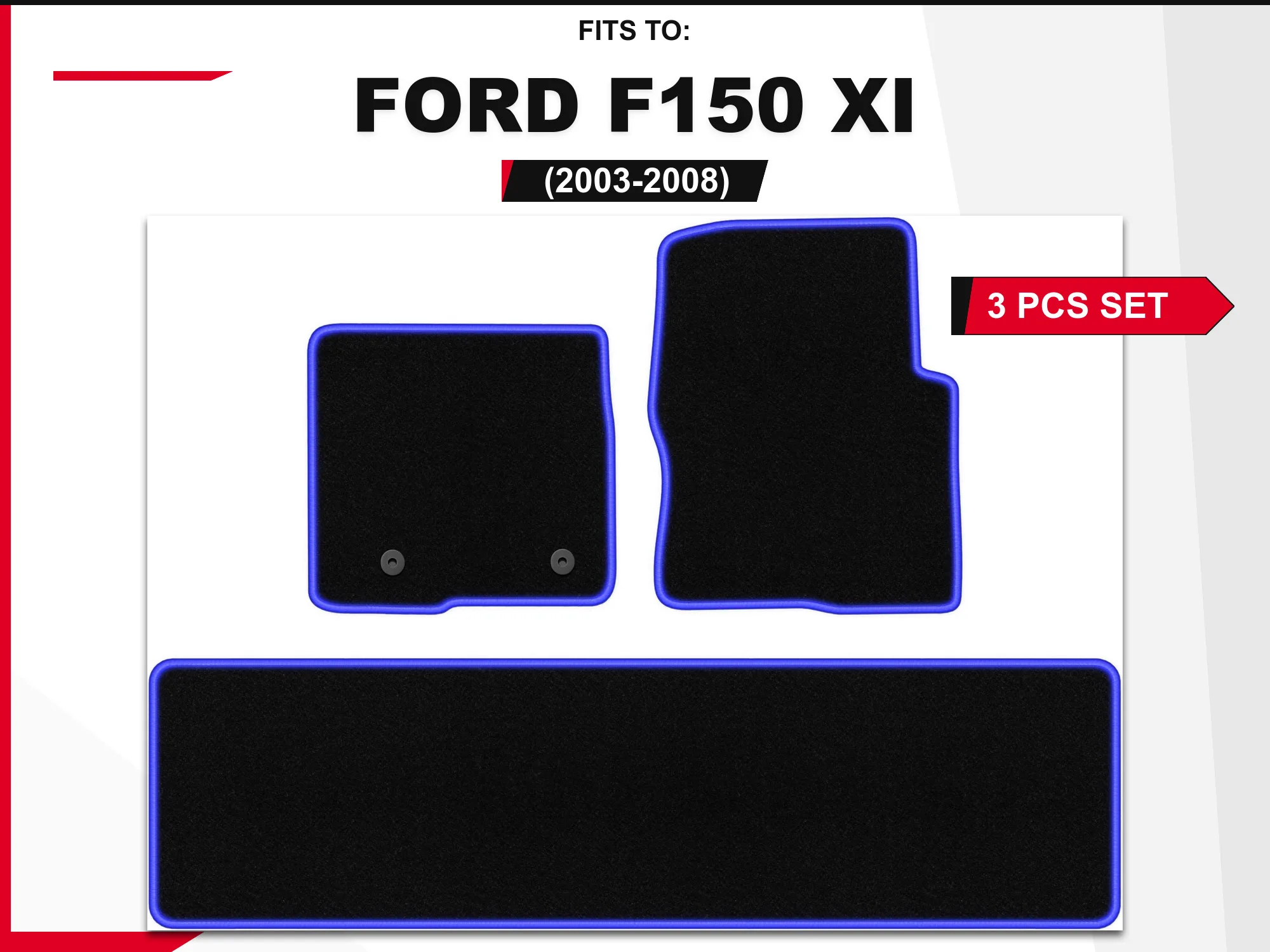 Velour vloermatten voor: Ford F150 XI 2003–2008, 3 stuks Zwart-blauw passende autovloermatten, set