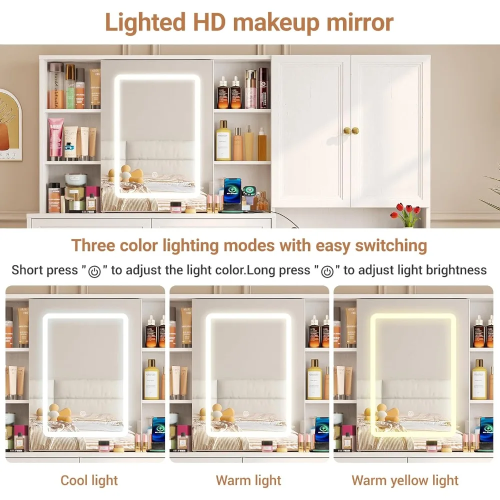 مكتب زينة كبير مقاس 58.6 بوصة مع مرآة وأضواء منزلقة، وطاولة زينة للمكياج باللون الأبيض ومجموعة منضدة مع مخرج طاقة و6