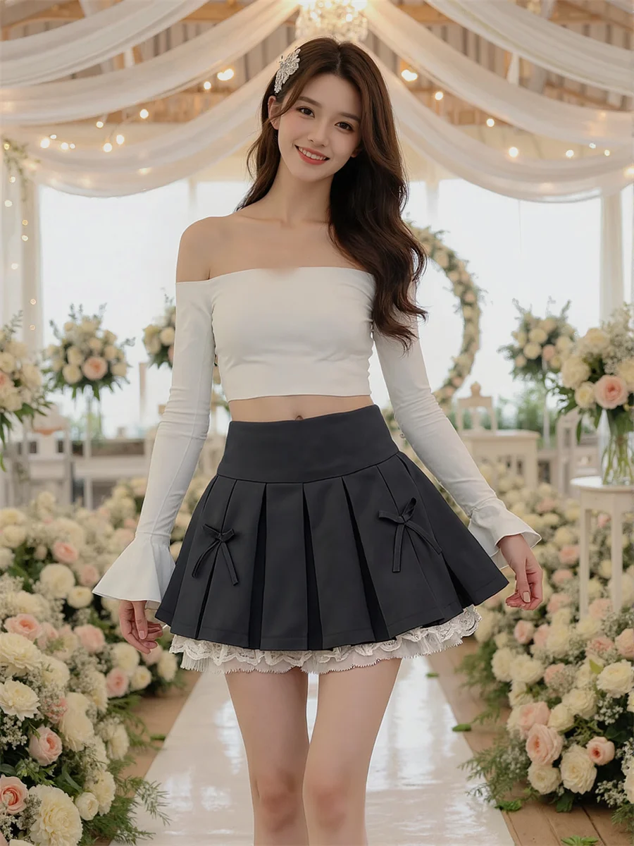 خليط التنانير الدانتيل الصغيرة Y2K ملابس حريمي الربيع تول طول الركبة حفلة فتاة حلوة منتفخ تألق تراكب تكدرت خاص