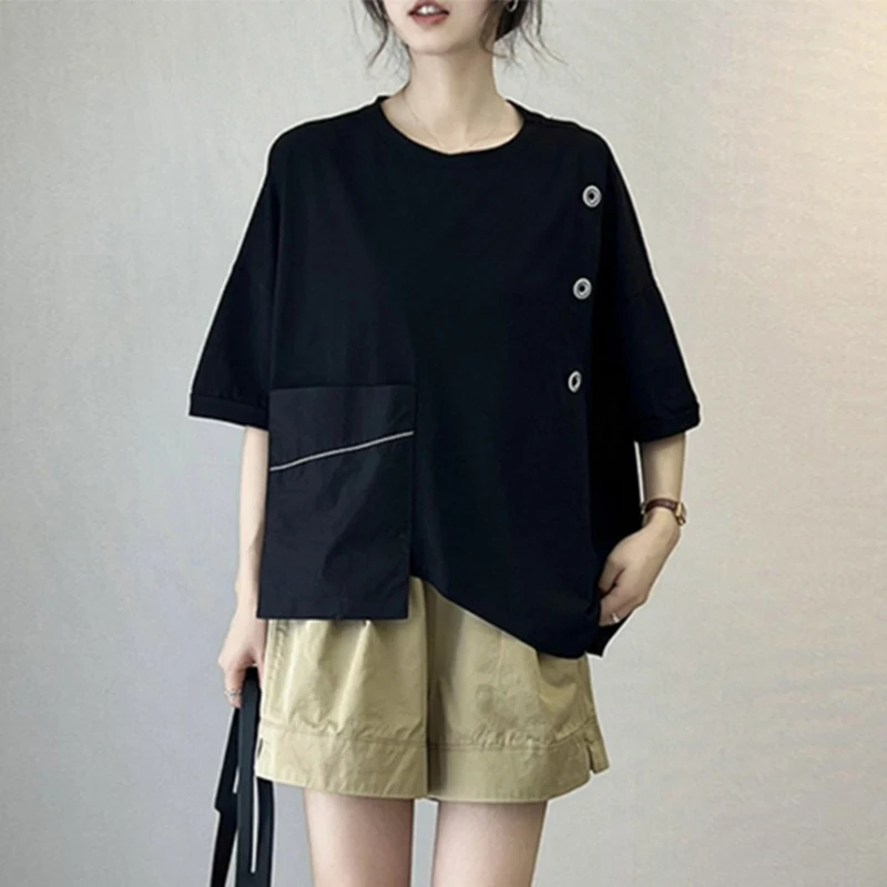 Summer O Neck Women Short Sleeve T Shirt Spliced Irregular Fashion Vintage Literary All-match Oversized Clothing Top Black White