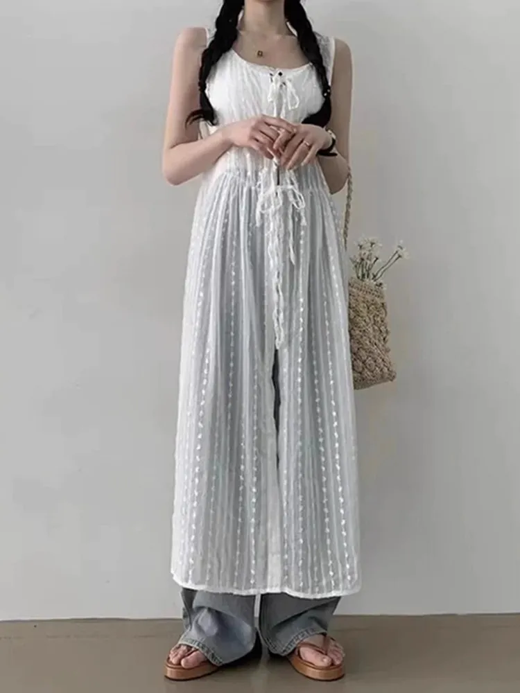 Mid-Length Lace Vest Dress Women\'s Inner Wear Layering Skirt Curtain Belt High Waist Korean Style Commute U-Neck H-Shape Dress