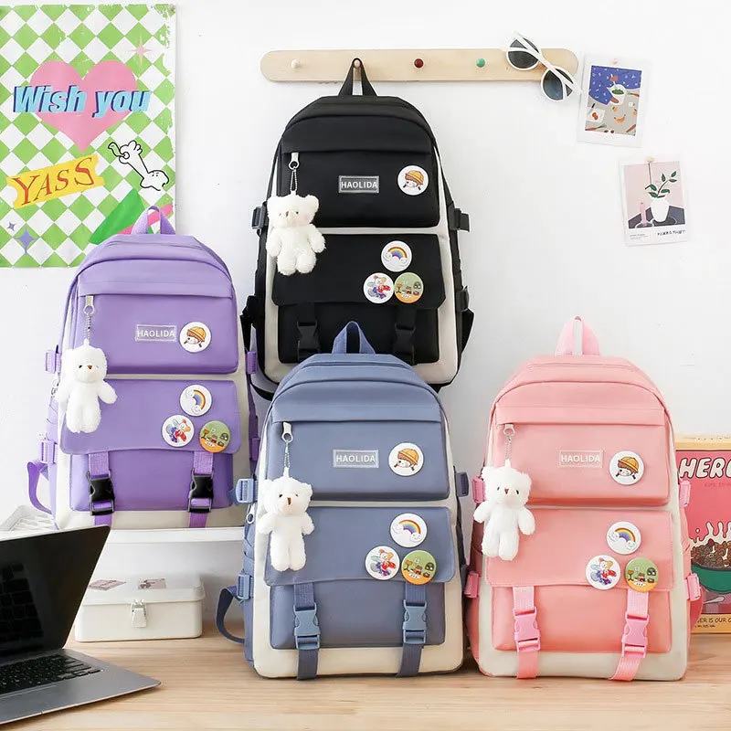 B Large Capacity Canvas Backpack Women's Dual Shoulder Bag Student Bookbag Five-Piece Set Middle School Backpack Korean Version