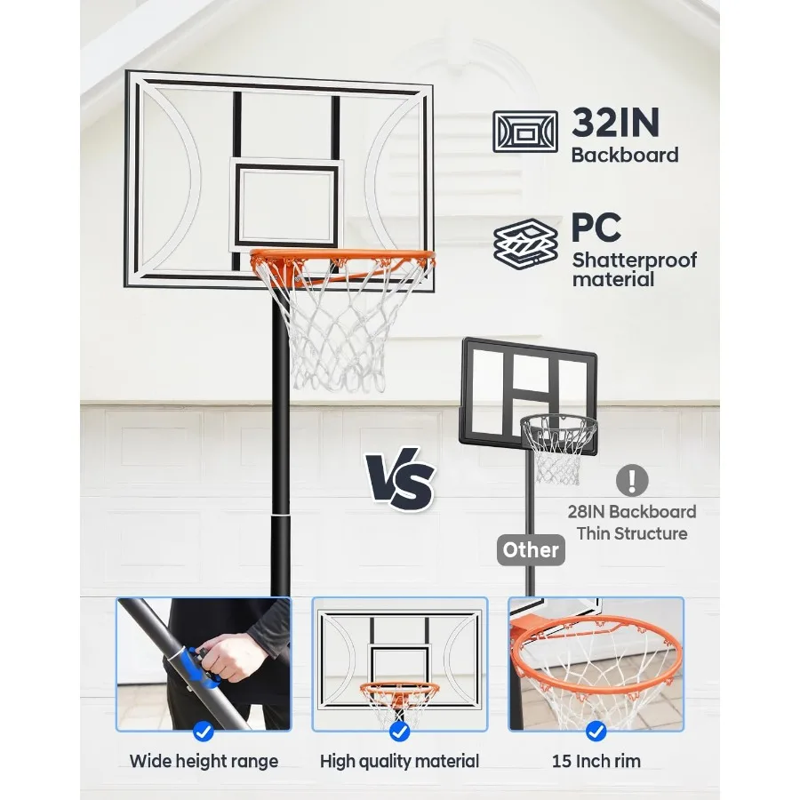 HEROPRO バスケットボールフープ 調節可能 3.310フィート 40インチの耐衝撃性バックボード付き ポータブルバスケットゴール 若者・ティーン向け 屋外・屋内用