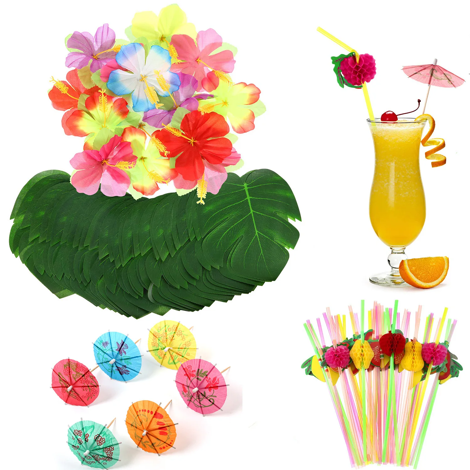 Conjunto de flores artificiales para decoración del hogar, set de hojas de palma Tropical, fruta hibisco, Pajita, Hawai Luau, verano, boda, cumpleaños, bebé, 108 unidades