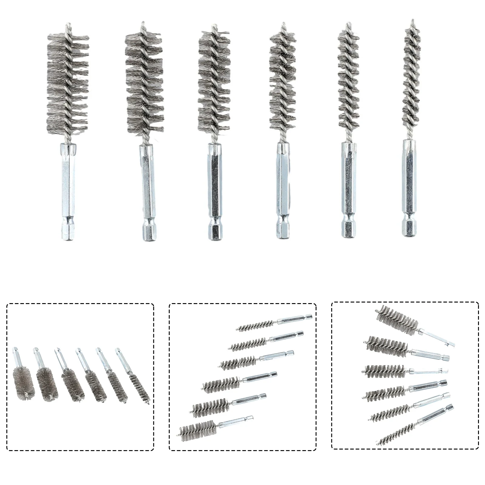 6pcs Stainless Steel Bore Wire Brushes Hex Shank 8 10 12 15 17 19mm For Ports Tubes Bearings Cylinders Clean Up Requirement