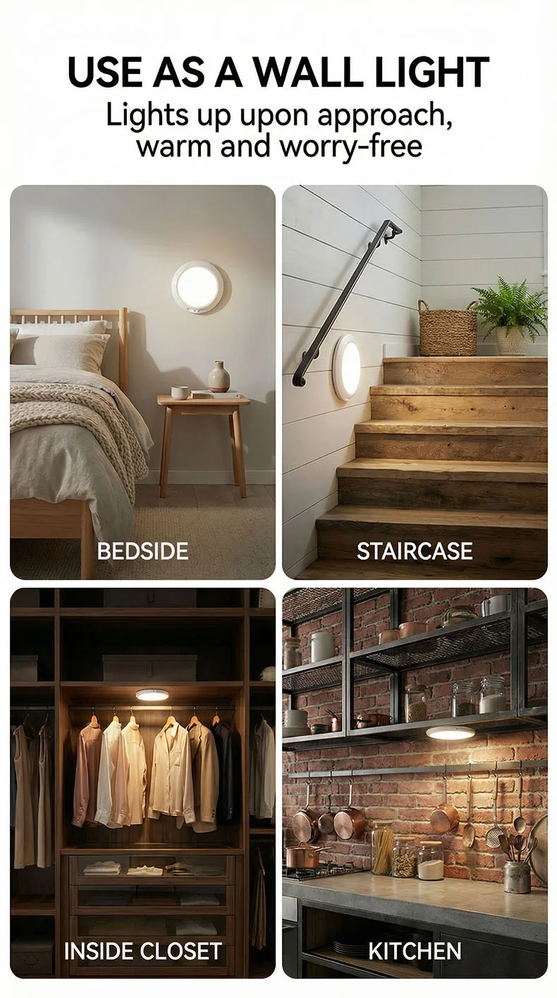 Wireless Wall Lamp Motion Sensor Ceiling Light USB Type-C Rechargeable Magnetic Lamp Remote LED Night Light For Kitchen Coatroom