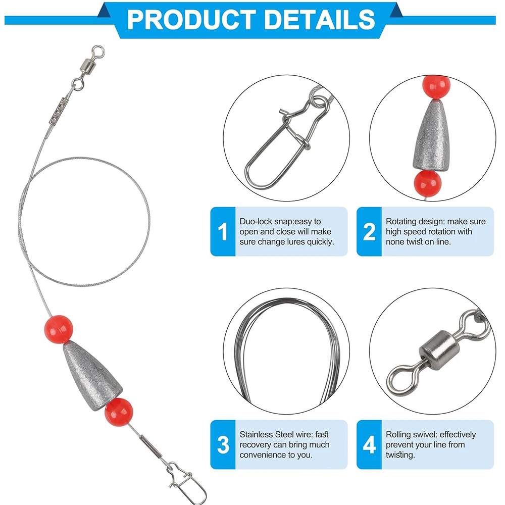 10 قطعة مجموعة أدوات كارولينا الجاهزة تتضمن 5 قطعة قادة الصيد الفولاذية مع ثقالة الرصاص يدور أدوات كارولينا و5 قطعة من طُعم الدودة #4