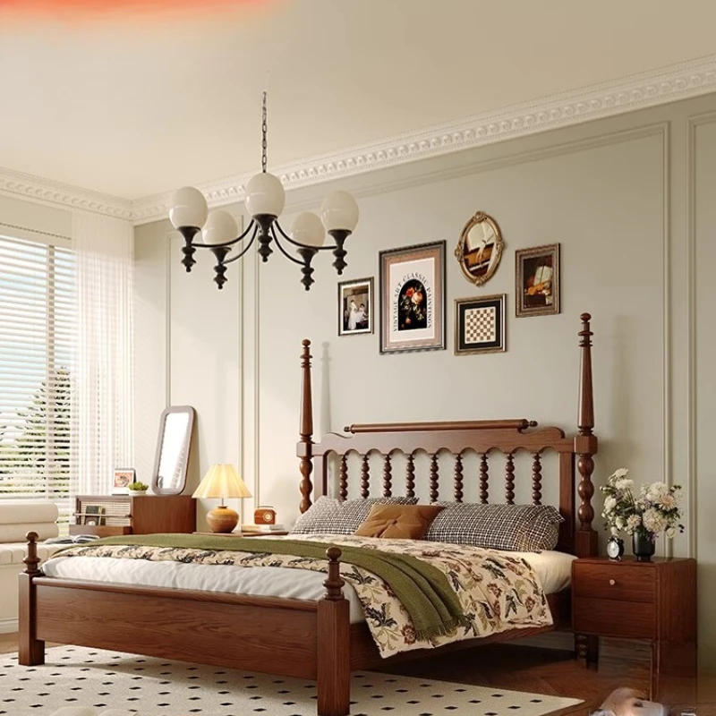 

French retro solid wood bed double master bedroom large bed American high column medium antique Windsor bed walnut simple