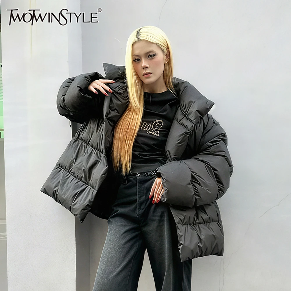 TWOTWINSTYLE Solid Loose Spliced Pockets Casual Short Parkas for Women Stand Neck Long Sleeves Minimalist Parka Female Clothing