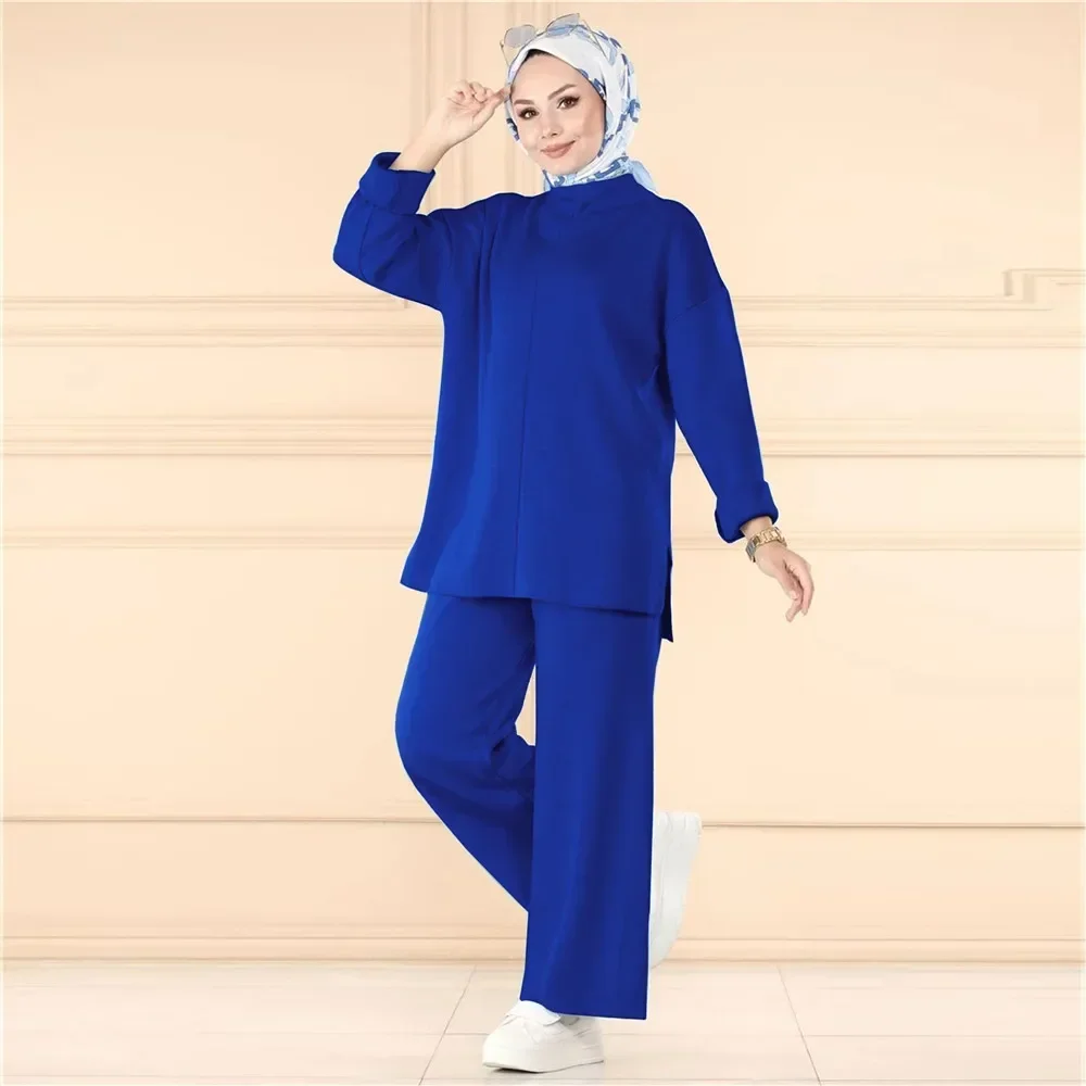 Elegant Casual Autumn Winter Knitted 2 Piece Set Womens Outfits Matching Muslim Set Wide Leg Pants Suit Tracksuit Ramadan Arabic