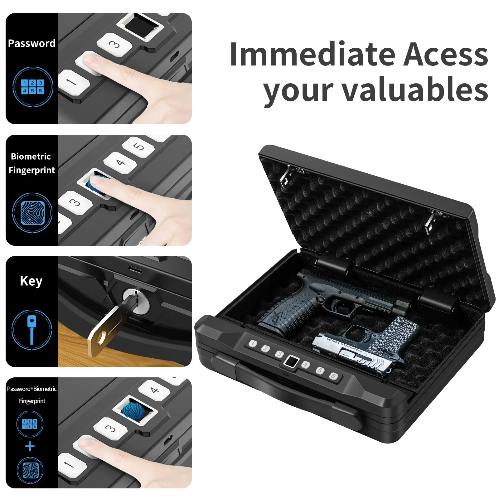 Gun Safe Box Hidden Portable Hand Gun Safe Fingerprint Biometric steel metal digital hand gun electronic safe box