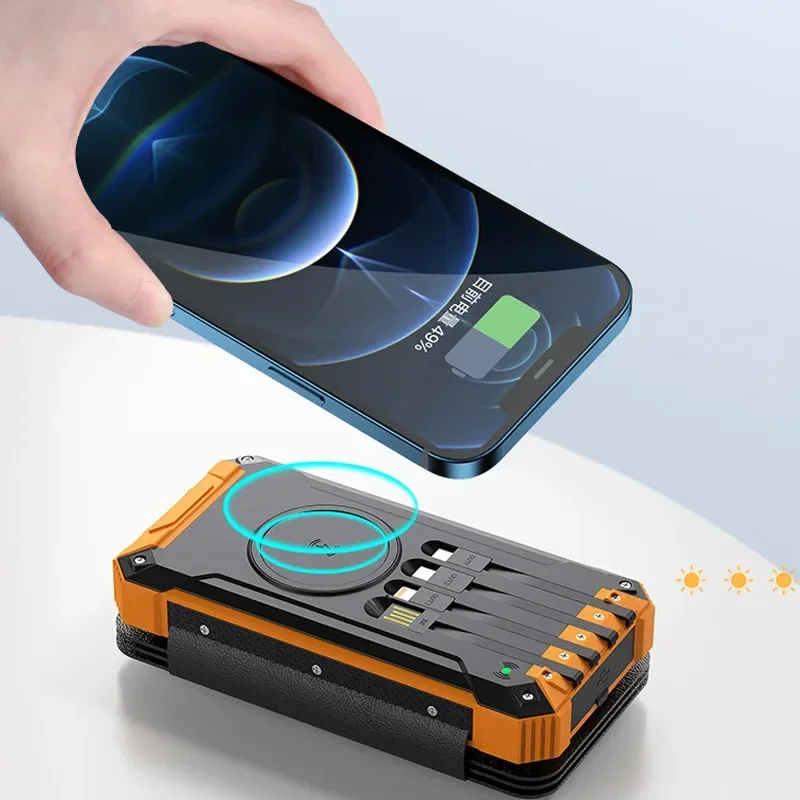 Solar Wireless Power Bank With Cable Solar Panel 30000mAh Portable Charger Powerbank External Battery Pack  For iPhone 16 Xiaomi